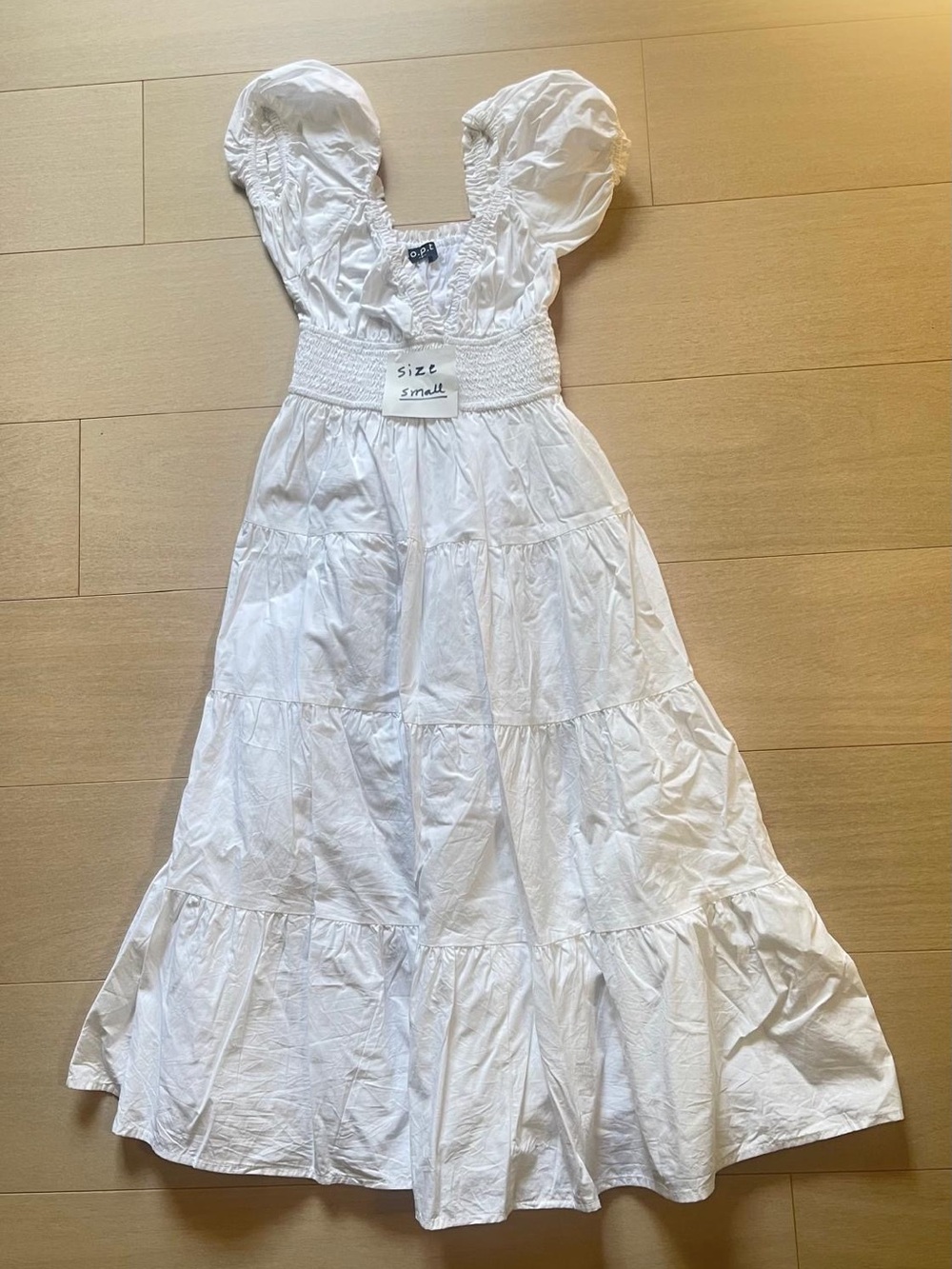 Smocked Bodice White Maxi Dress with Puff Sleeves